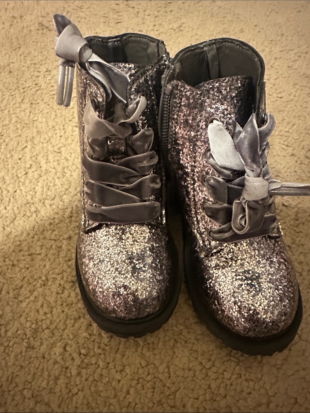Old Navy Silver Glitter Kids Combat Boots with Satin Ribbon Laces